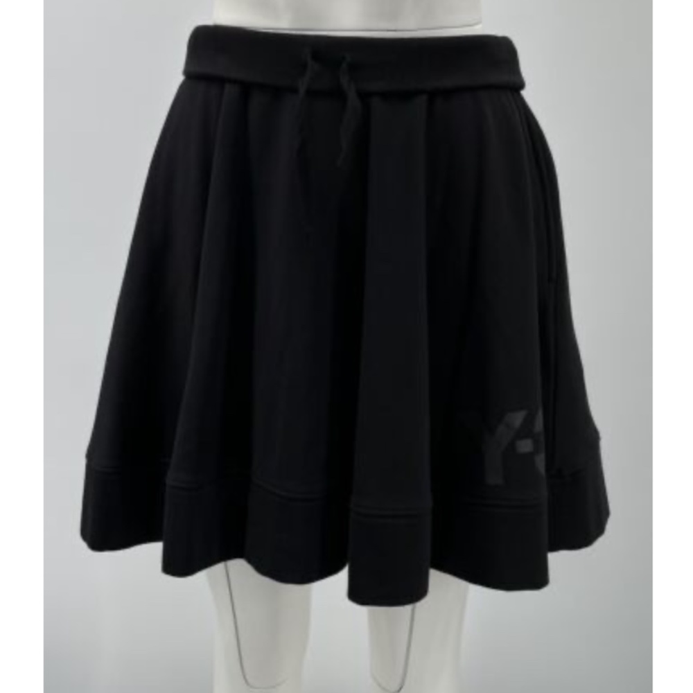 Y3/Adidas Black Cotton Drawstring Waist Flare Knee-Length Skirt sz S